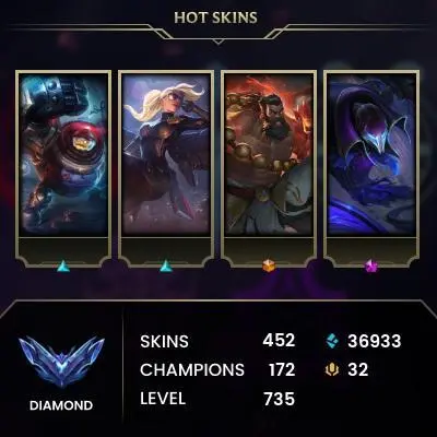 EUW | 452 SKIN | DIAMOND IV | 735 LVL | 36K+ BE | MAIL CHANGEABLE LEAGUE OF LEGENDS ACCOUNT