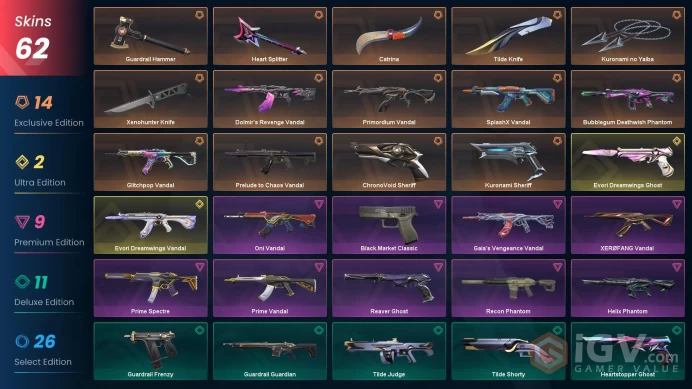 EU 62 skins | Kuronami no Yaiba | Xenohunter Knife | Prelude to Chaos Vandal | Kuronami Sheriff | Evori Dreamwings Vandal | Evori Dreamwings Gho