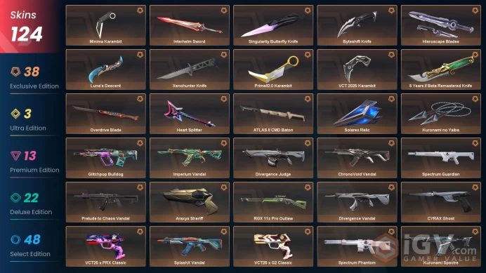 VALORANT EU WEST SERVER 124 SKİNS(+15 KNİFE, VCT+MİNİMA CARAMBİTE,Phaseguard+Divergence+EX.O VANDAL)AUTO DELIVERY FULL ACCESS-LIFETIME WARRANT