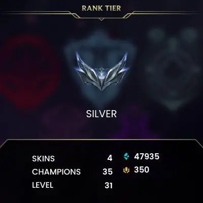 EUW / SILVER 2 START / 35 Champ / 4 Good Skins(3 Epic) / 47.9K BE /350RP / HONOR 3 / S15 ACC / 31 LVL / FULL ACCES / HANDMADE / CHEAP