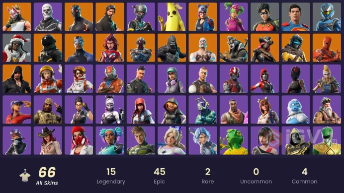 66 SKINS + THE REAPER + ELITE AGENT + TAKE THE L + BUS BANNER + MAKO + ELITE'S SIGIL + DRIFT + OMEGA + PIG THE BUTCHER + PEELY + ROBIN