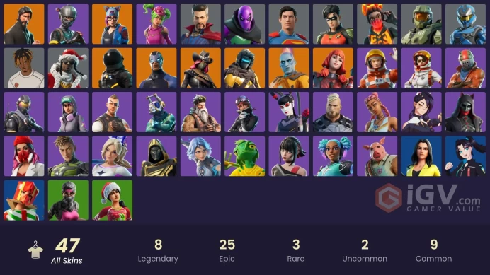 47 SKINS + THE REAPER + ELITE AGENT + TAKE THE L + MASTER CHIEF (MATTE BLACK) + BUS BANNER + ELITE'S SIGIL + SLAYER JUICE WRLD