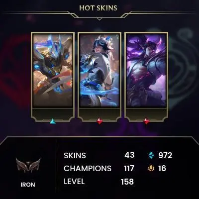 EUW -(S16) IRON 1(60LP)  - 117 Champ -  43 Good Skins(1 Mythic, 3 Legendary, 16 Epic) - 972 BE -S14 ACC - FULL ACCES - CHEAP