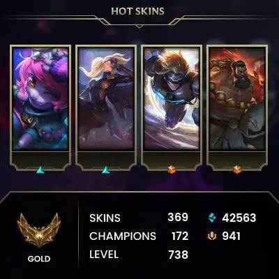 EUW | 369 SKIN | GOLD I | 738 LVL | 42K+ BE | MAIL CHANGEABLE LEAGUE OF LEGENDS ACCOUNT