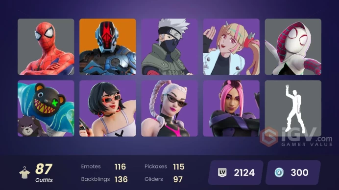 [PC/XBOX] 87 skins | Naruto Uzumaki | Son Goku | Kakashi Hatake | Spider-Gwen | Spider-Man | Kiara K.O. | Swole Sailer | Gwenpool Q8498