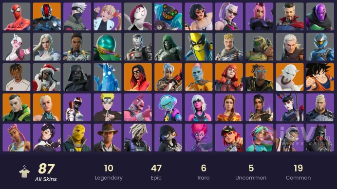 [PC/XBOX] 87 skins | Naruto Uzumaki | Son Goku | Kakashi Hatake | Spider-Gwen | Spider-Man | Kiara K.O. | Swole Sailer | Gwenpool Q8498