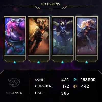 EUW | 274 SKIN | UNRANKED | 385 LVL | 188K+ BE | MAIL CHANGEABLE LEAGUE OF LEGENDS ACCOUNT