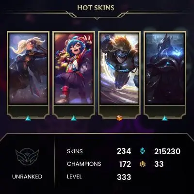 EUW | 234 SKIN | UNRANKED | 333 LVL | 215K+ BE | MAIL CHANGEABLE LEAGUE OF LEGENDS ACCOUNT