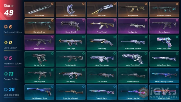EU | 49 skins | Last Rank Platinum 1 | Araxys Vandal | Ruination Phantom | Prime Vandal | Reaver Vandal | Tilde Knife | M3249