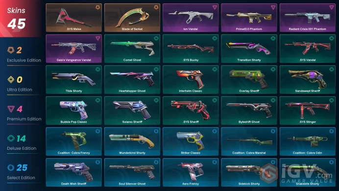 EU | 45 skins | Ion Vandal | Blade of Serket | .SYS Melee | Prime//2.0 Phantom | Radiant Crisis 001 Phantom | Gaia's Vengeance Vandal | S3482