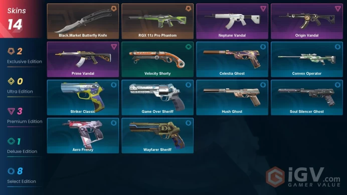 EU | 14 skins | Black.Market Butterfly Knife | RGX 11z Pro Phantom | Prime Vandal | Origin Vandal | Neptune Vandal | Velocity Shorty | A4175
