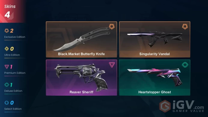EU | 4 skins | Black.Market Butterfly Knife | Singularity Vandal | Reaver Sheriff | Heartstopper Ghost | H5636