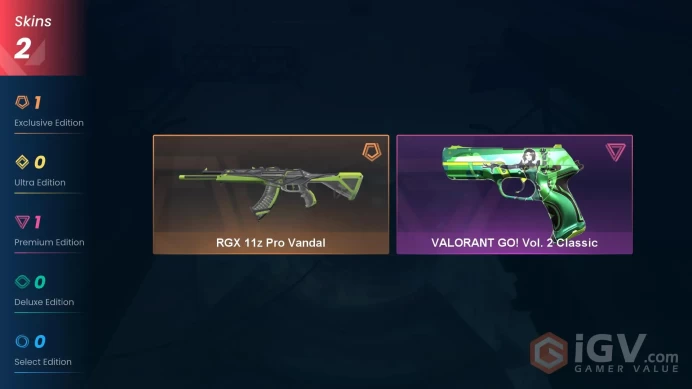EU | 2 skins | RGX 11z Pro Vandal | VALORANT GO! Vol. 2 Classic | J9475