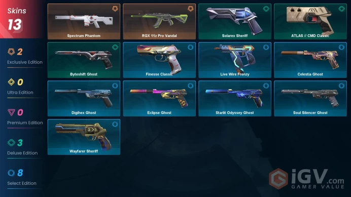 EU | 13 skins | Spectrum Phantom | RGX 11z Pro Vandal | Byteshift Ghost | ATLAS // CMD Classic | Solarex Sheriff | Digihex Ghost | B5237