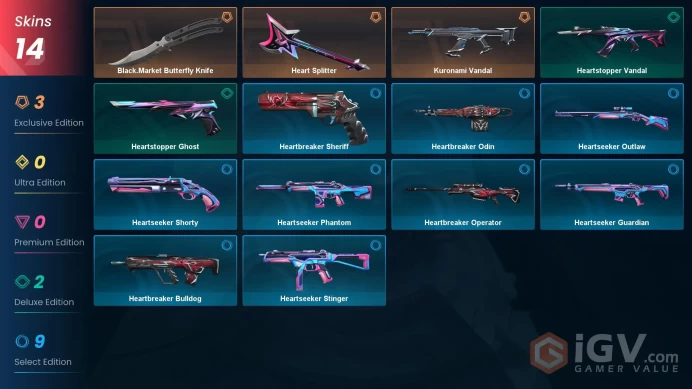 EU | 14 skins | Black.Market Butterfly Knife | Kuronami Vandal | Heart Splitter | Heartstopper Vandal | Heartstopper Ghost | Y4811