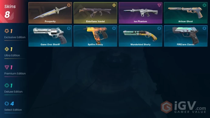 EU | 8 skins | Elderflame Vandal | Prosperity | Ion Phantom | Artisan Ghost | Game Over Sheriff | Spitfire Frenzy | FIRE/arm Classic | G2903