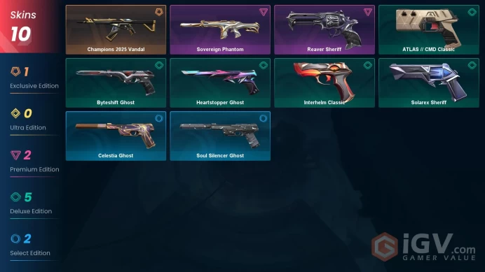 EU | 10 skins | Champions 2025 Vandal | Sovereign Phantom | Reaver Sheriff | ATLAS // CMD Classic | Heartstopper Ghost | S5193