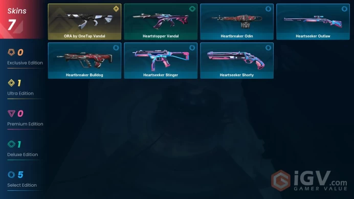 EU | 7 skins | ORA by OneTap Vandal | Heartstopper Vandal | Heartbreaker Odin | Heartseeker Outlaw | Heartbreaker Bulldog | H8357