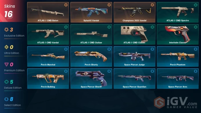 EU | 16 skins | Champions 2025 Vandal | ATLAS // CMD Baton | SplashX Vandal | ATLAS // CMD Spectre | ATLAS // CMD Classic | P1068