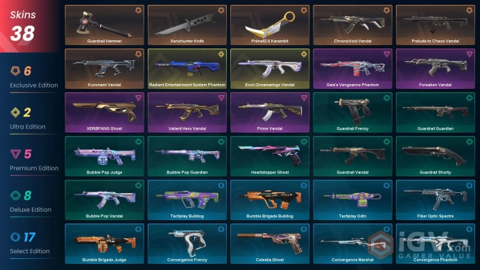 EU | 38 skins | Radiant Entertainment System Phantom | Evori Dreamwings Vandal | Kuronami Vandal | Prime//2.0 Karambit | D8526