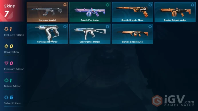EU | 7 skins | Kuronami Vandal | Bubble Pop Judge | Bumble Brigade Ghost | Bumble Brigade Judge | Convergence Frenzy | V9993