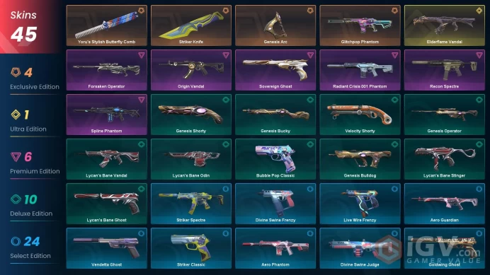 Latam | Yoru's Stylish Butterfly Comb, Elderflame Vandal, Glitchpop Phantom, Recon Spectre, Sovereign Ghost, Forsaken Operator, Origin Vandal