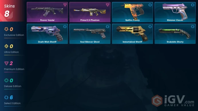 EU Full Access | 8 Skins Reaver Vandal + Prime//2.0 Phantom + Death Wish Sheriff + Shimmer Classic + Immortalized Sheriff + more