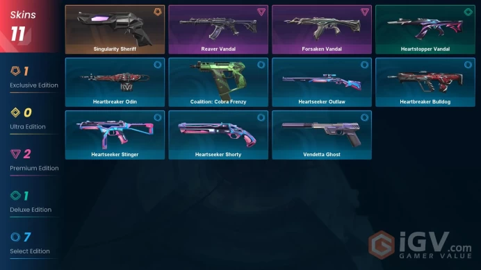 EU Full Access | 11 Skins Reaver Vandal + Forsaken Vandal + Singularity Sheriff + Heartbreaker Bulldog + Heartseeker Shorty + more
