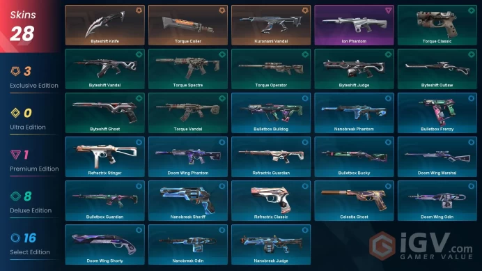 EU Full Access | 28 Skins Torque Coiler + Kuronami Vandal + Ion Phantom + Byteshift Knife + Torque Spectre + Bulletbox Bulldog + more