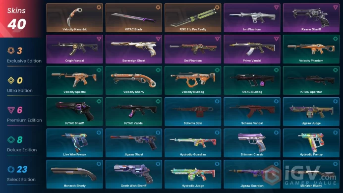 EU Full Access | 40 Skins RGX 11z Pro Firefly+Prime Vandal+Ion Phantom+Sovereign Ghost+Reaver Sheriff+Oni Phantom+Velocity Spectre+more