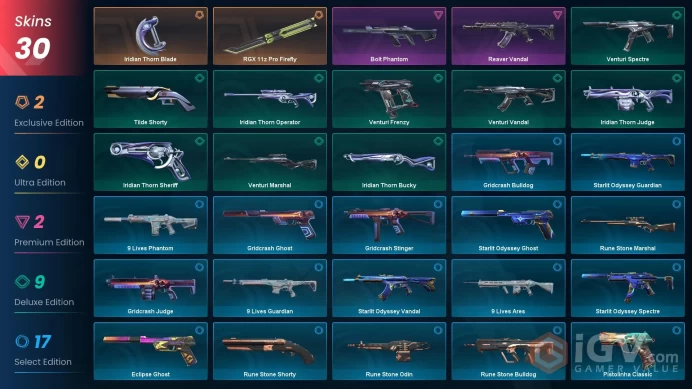 EU | 30 skins | RGX 11z Pro Firefly | Reaver Vandal | Iridian Thorn Blade | Bolt Phantom | Venturi Marshal | Iridian Thorn Operator | L1091