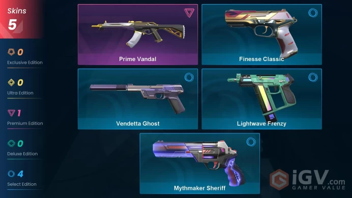 EU | 5 skins | Prime Vandal | Finesse Classic | Lightwave Frenzy | Mythmaker Sheriff | Vendetta Ghost | N8358
