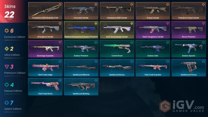 EU | 22 skins | Champions 2025 Butterfly Knife | Radiant Entertainment System Phantom | Evori Dreamwings Vandal | Champions 2025 Vandal | E2858