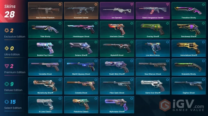 EU 28 skins | Kuronami Vandal | Neo Frontier Phantom | Gaia's Vengeance Vandal | Ion Operator | Solarex Sheriff | Heartstopper Ghost | V0036