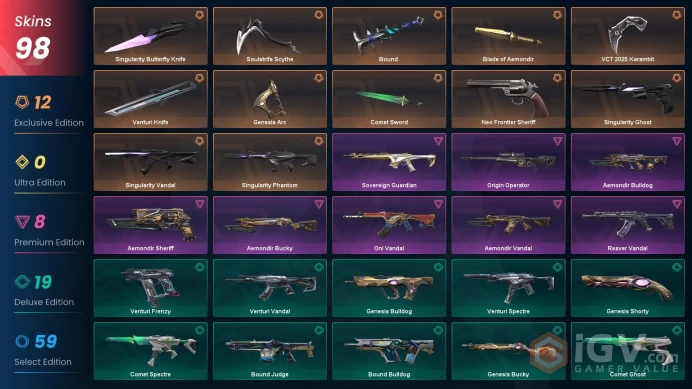 EU [ 98 TOP SKINS + 8 KNIFE ] VCT 2025 Karambit + Singularity Butterfly Knife + Singularity Vandal + Singularity Phantom / full acces