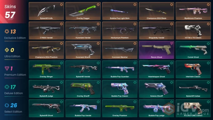EU | 57 skins | Champions 2024 Blade | Kuronami Vandal | Champions 2024 Phantom | Byteshift Knife | Nocturnum Phantom | Y8376