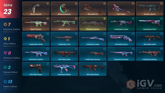 EU [ 21 TOP SKINS + 3 KNIFE ] Minima Karambit + Storm Maw Axe + Heart Splitter + BlastX Phantom + Imperium Vandal / full acces