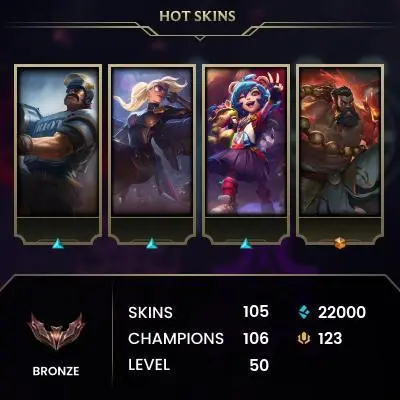 EUW -(S16) BRONZE 3(60LP)  - 106 Champ - 105 Good Skins(2 Ultimate, 2 Mythic, 8 Legendary, 15 Epic) - 22K BE - S3 ACC - FULL ACCES - CHEAP
