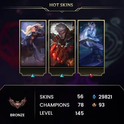 EUW -(S16) BRONZE 4(60LP) - 78 Champ - 56 Good Skins(3 Legendary, 15 Epic) - 29.8K BE - S6 ACC - FULL ACCES - LIFETIME WARRANTY - CHEAP