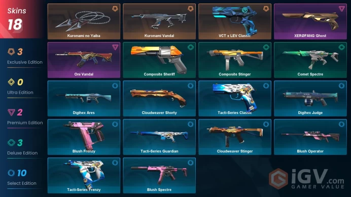EU - LVL 45 - Unranked - 1 KNIFE - 18 SKINS(~11,275 VP) VCT x LEV Classic, Kuronami Vandal, Kuronami no Yaiba, XEROFANG Ghost, Oni Vandal
