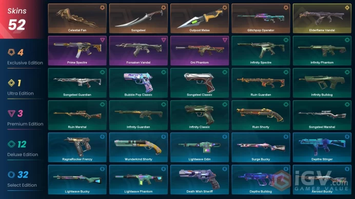 NA+52 skins+Bronze 2+Total cost 14000 VP+Elderflame Vandal+Celestial Fan+Glitchpop Operator+Oni Phantom+Forsaken Vandal.1.24.2