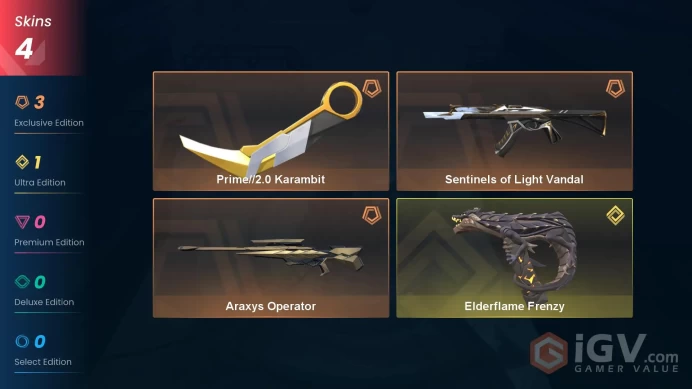 EU - LVL 35 - Unranked - 1 KNIFE - 4 SKINS(~10,375 VP) Elderflame Frenzy, Araxys Operator, Prime2 Karambit, Sentinels of Light Vandal
