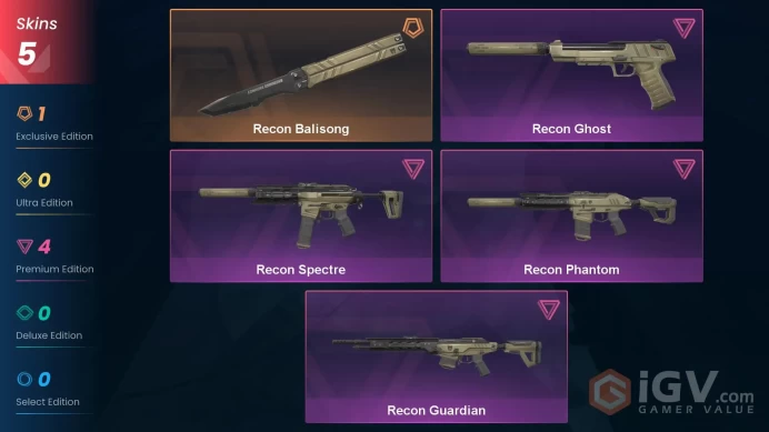 EU - LVL 17 - Unranked - 1 KNIFE - 5 SKINS(~10,650 VP) Recon Balisong, Recon Ghost, Recon Phantom, Recon Spectre, Recon Guardian
