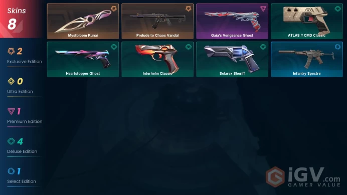 EU | 104 LVL | 18 Ag | 1268 VP | 8 skins | Mystbloom Kunai | Prelude to Chaos Vandal | Gaia's Vengeance Ghost | ATLAS // CMD Classic | V0050