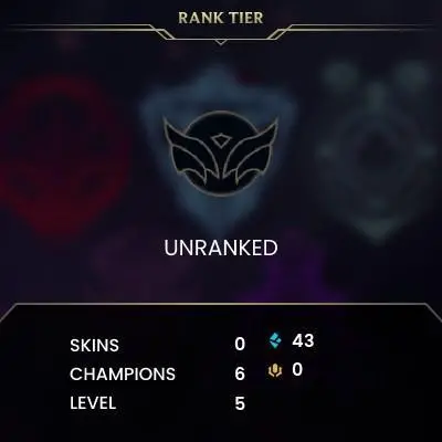 #1206 [NO EMAIL ACCESS] - EUW - 6 CHAMPIONS - 0 SKINS - 43 BLUE ESSENCE - LAST PLAY OCTOBER 2020 - SAFE 100% - WARRANTY