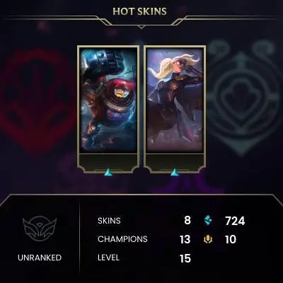 #1298 [NO EMAIL ACCESS] - EUNE - 13 CHAMPIONS - 8 SKINS - 724 BLUE ESSENCE - LAST PLAY AUGUST 2016 - SAFE 100% - WARRANTY