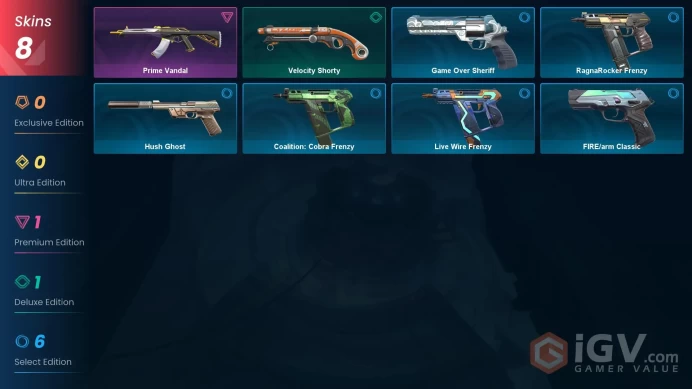 EU | 8 skins | Prime Vandal | Velocity Shorty | FIRE/arm Classic | Game Over Sheriff | Live Wire Frenzy | Hush Ghost | B3239