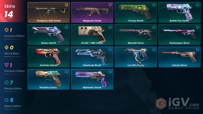 EU | 14 skins | Champions 2025 Vandal | Magepunk Vandal | Heartstopper Ghost | Overlay Sheriff | Interhelm Classic | Solarex Sheriff | Q6800