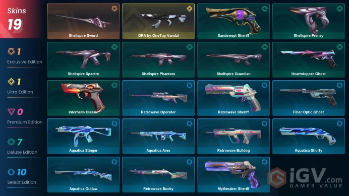 EU | 19 skins | ORA by OneTap Vandal | Shellspire Sword | Heartstopper Ghost | Shellspire Frenzy | Shellspire Phantom | L9096