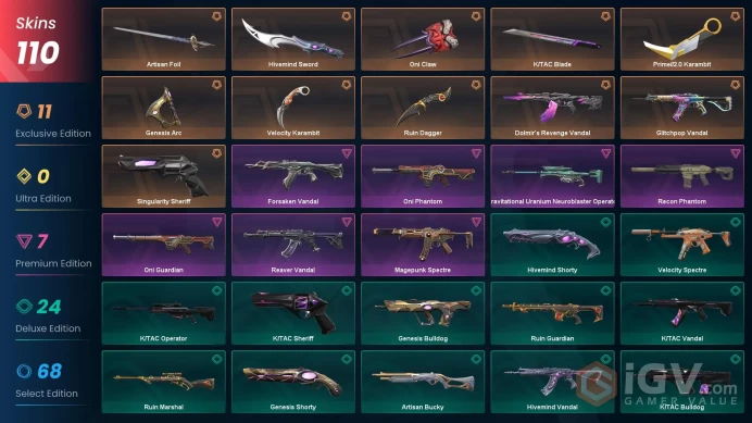 EU 110 skins | Ruin Dagger | Prime//2.0 Karambit | Singularity Sheriff | Glitchpop Vandal | Dolmir's Revenge Vandal | Hivemind Sword | Oni Claw